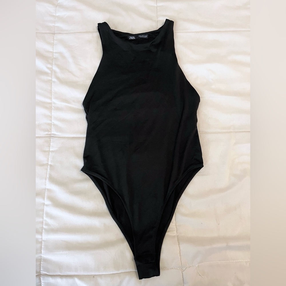 Zara Black Double Lined High Neck Sleeveless One Piece Bodysuit Top Womens sz S